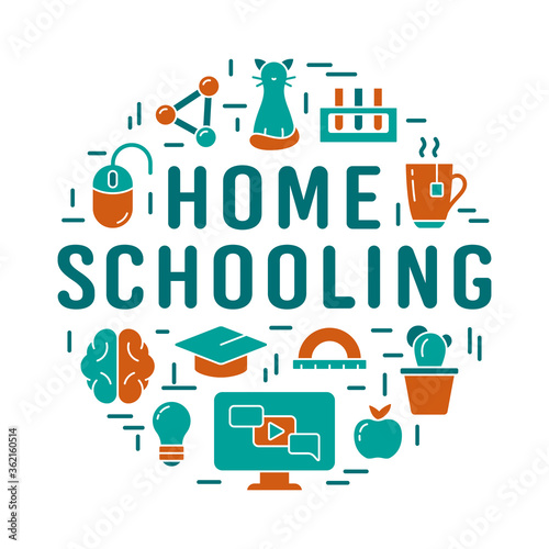 Home schooling lettering. Distance learning or self-study concept. Color round poster. Cutout silhouette illustration of online children's education. Flat isolated vector icon set, white background