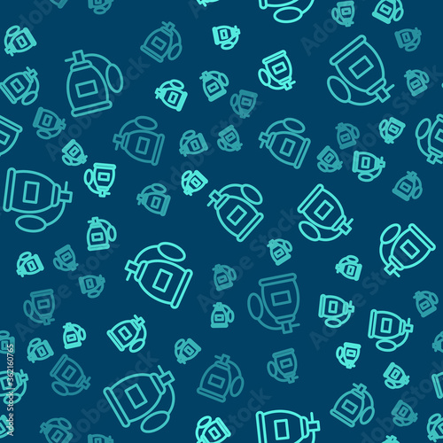 Green line Perfume icon isolated seamless pattern on blue background. Vector.