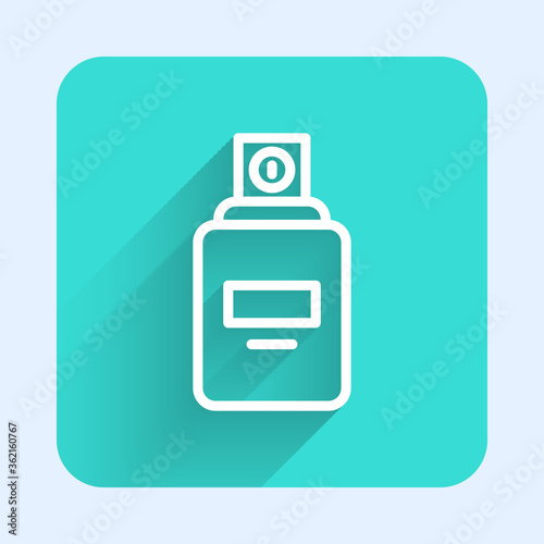 White line Perfume icon isolated with long shadow. Green square button. Vector.