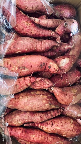 Fresh yams pile in cardboard box for sale in local market. Organic vegetable for good health. Foods healthy concept