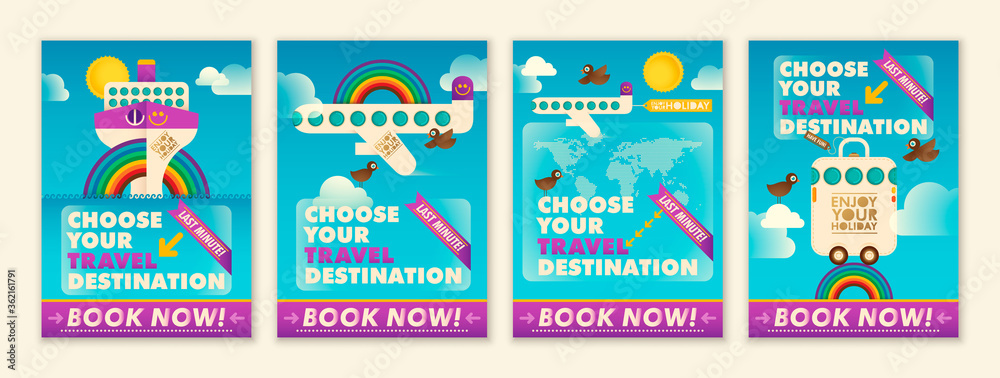 Set of colorful traveling posters. Vector illustration.
