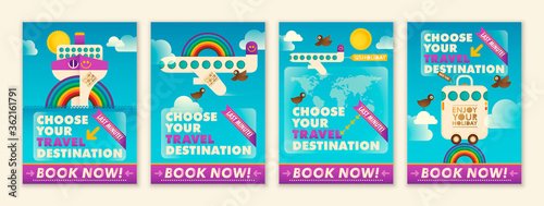 Set of colorful traveling posters. Vector illustration.