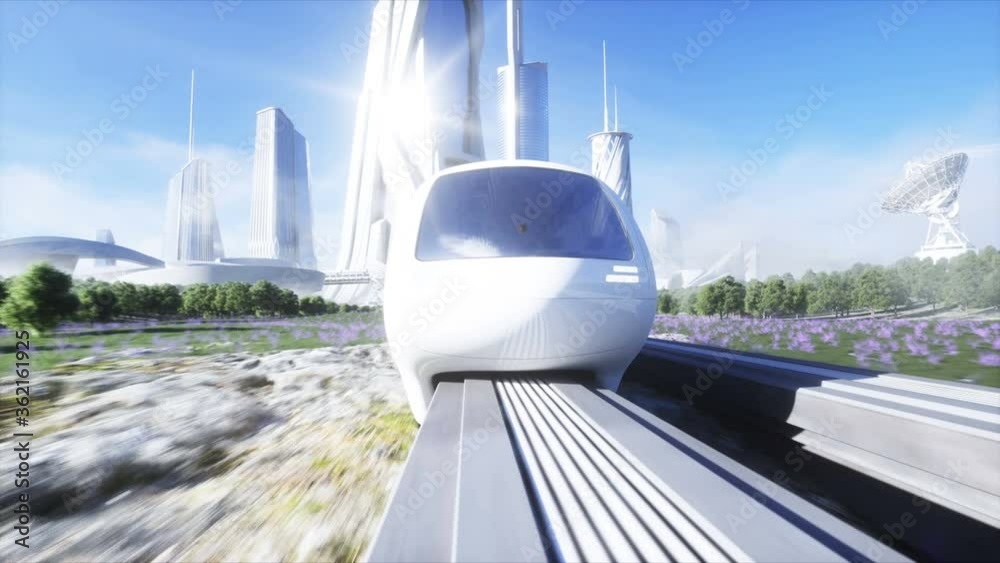 futuristic sci fi monorail train. Concept of future. Futuristic city background. Grass field. 4K realistic animation.