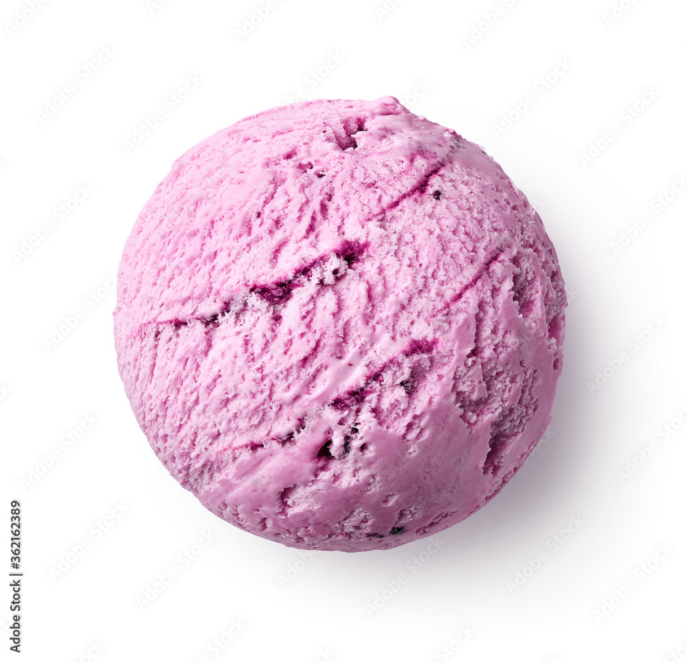 One single purple blackberry ice cream scoop or ball isolated on white background. Top view One single purple blackberry ice cream scoop or ball isolated on white background. Top view