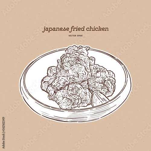 Japanese food,Karaage,Fried chicken japanese style. Hand draw sketch vector.