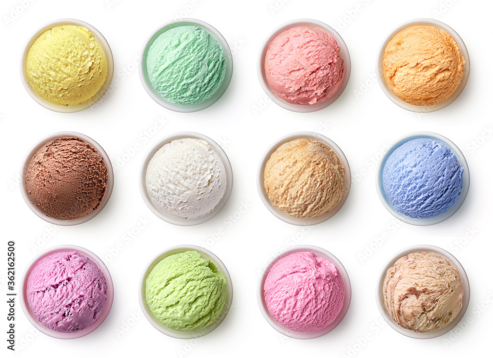 Set of different ice cream scoops or balls in bowls Set of different ice cream scoops or balls in bowls