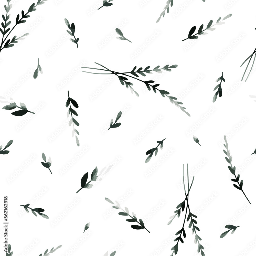 Seamless pattern. Watercolor botanical flowers, green leaves, branches. Vintage design for logo, wedding invitations, postcards, stickers, textile. White isolated background. Paper texture. Seamless pattern. Watercolor botanical flowers, green leaves, branches. Vintage design for logo, wedding invitations, postcards, stickers, textile. White isolated background. Paper texture.
