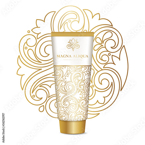 Golden packaging design for cosmetics. Vintage vector ornament template. Elegant  classic elements. Great for lotion  cream and other package types. Can be used for background and wallpaper.