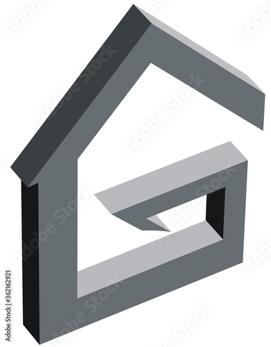 3d house icon on a white backdrop. Abstract geometric symbol of the house in the form of the letter G in gray tones. Emblem, estate logo, real estate, apartment, web icon