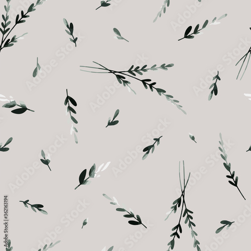 Seamless pattern. Watercolor botanical flowers, green leaves, branches. Vintage design for logo, wedding invitations, postcards, stickers, textile. Beige isolated background. Paper texture.