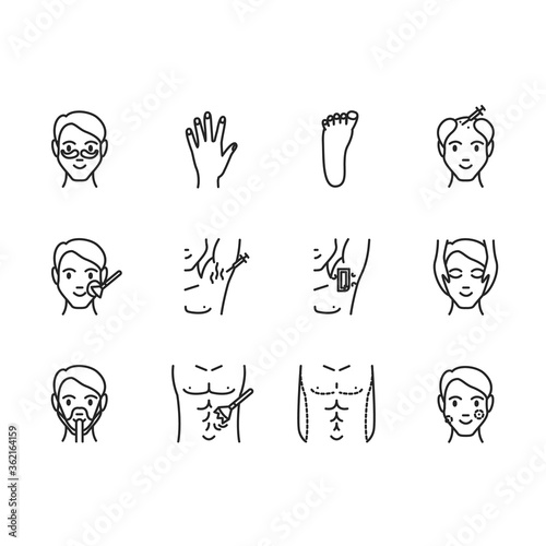 Vector linear icons set of male beauty procedures isolated. Anti-aging treatment, skincare, waxing, body contouring, relax massage, rf-lifting, mesotherapy and botox for men. Fine line spa symbols