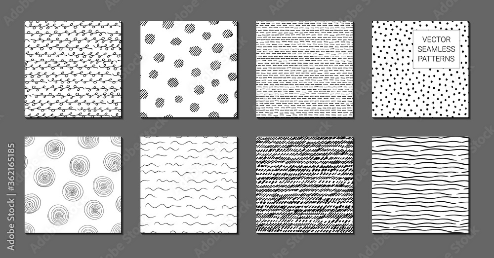 Set of seamless pattern with hand drawn textures. Doodle style. Vector objects. Abstract elements. Textile print. Sketch backgrounds, templates, wallpaper, cards, cover