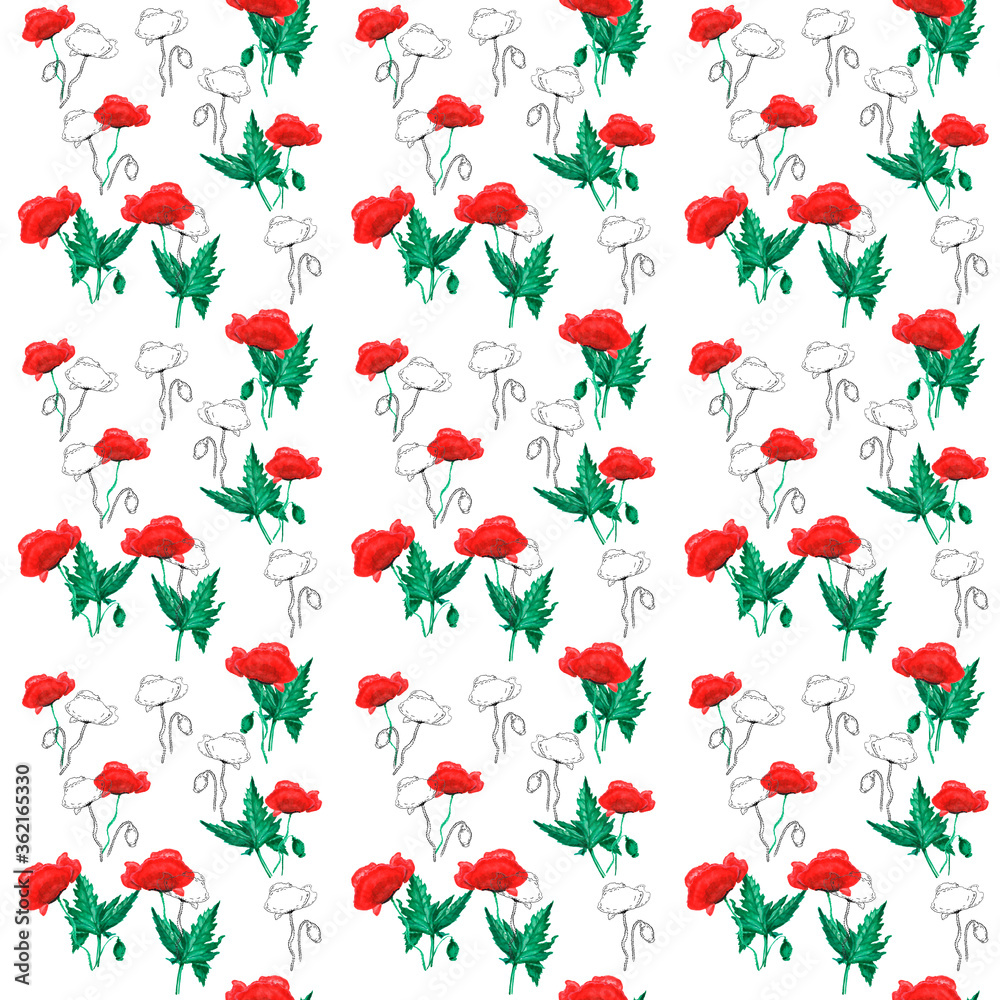 Abstract watercolor hand drawn pattern with red flowers. Poppy drawing by the gel black pen. Perfect for printing on the fabric, design package and cover Abstract watercolor hand drawn pattern with red flowers. Poppy drawing by the gel black pen. Perfect for printing on the fabric, design package and cover