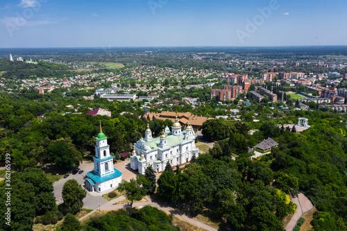 Aerial view on Holy Dormition cathedral in Poltava, Ukraine. Summer noon sunlight. photo