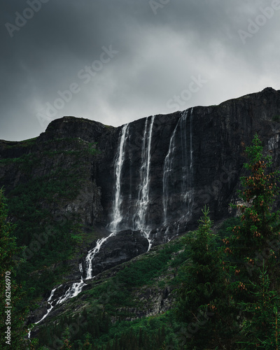 Hydnefossen dramatic waterfall, forest, river. Norway, Hemsedal