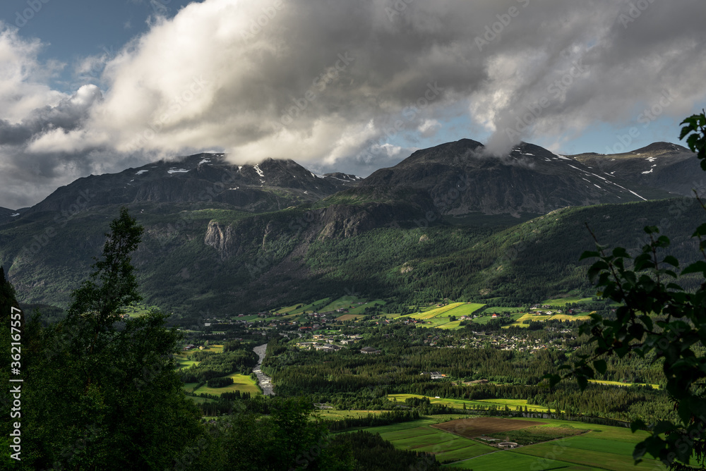 Fototapeta premium Green valley in the mountains, village, summer, Hemsedal, Norway.