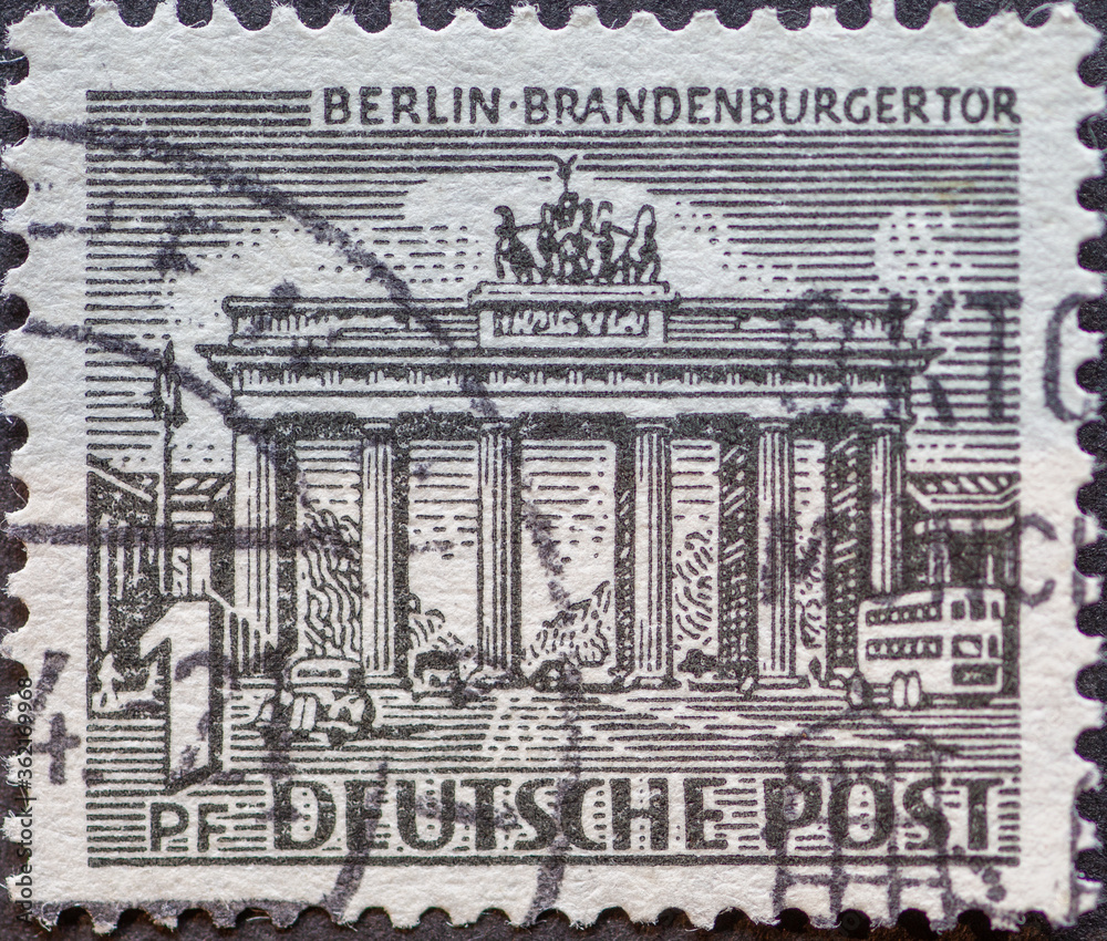 GERMANY, Berlin - CIRCA 1949: a postage stamp from Germany, Berlin showing Berlin buildings. The Brandenburg Gate in black