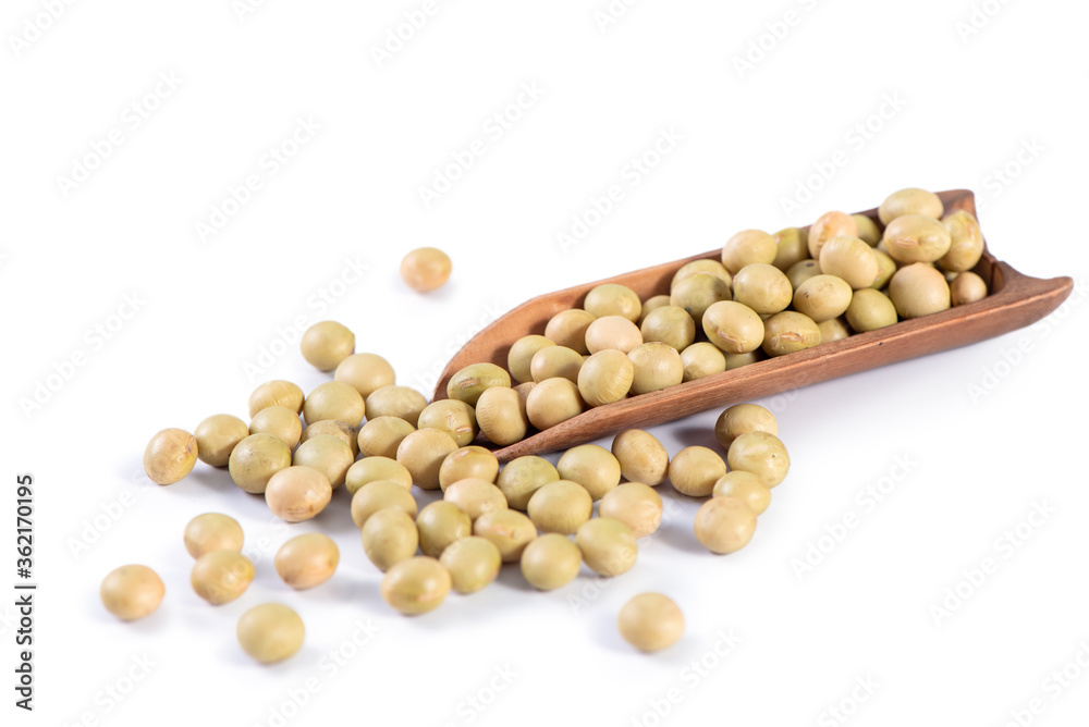 Yellow-green Taiwanese organic non-GMO soybeans, soy beans in a container isolated on white backgorund, close up, clipping path. Yellow-green Taiwanese organic non-GMO soybeans, soy beans in a container isolated on white backgorund, close up, clipping path.