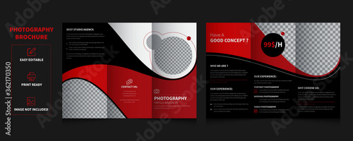 Design Photography Portfolio trifold, vector template brochures, flyers, presentations, leaflet, magazine a4 size. Black and Red geometric elements trifold brochure - vector