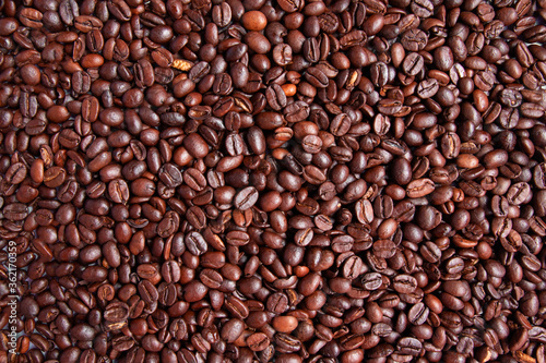 Fototapeta Naklejka Na Ścianę i Meble -  Brown roasted coffee beans background. Arabic fragrant fried coffee beans close up.