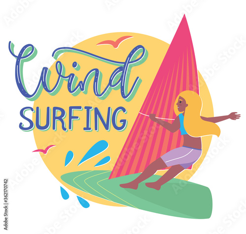 Cartoon girl on windsurfing board - vector Illustration in flat style - summertime template with colored text and sun tanned young happy woman.