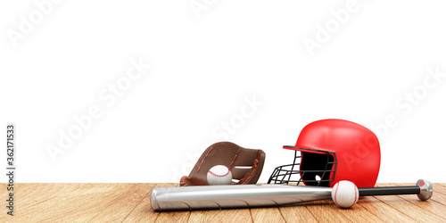 Set of baseball game equipment, baseball bat, red helmet, leather glove and baseball ball on wooden table isolated on white 