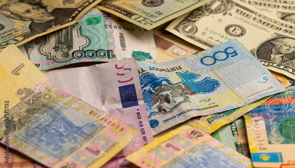 Fototapeta premium Euro, dollar, tenge, ruble, hryvnia, Belarusian ruble