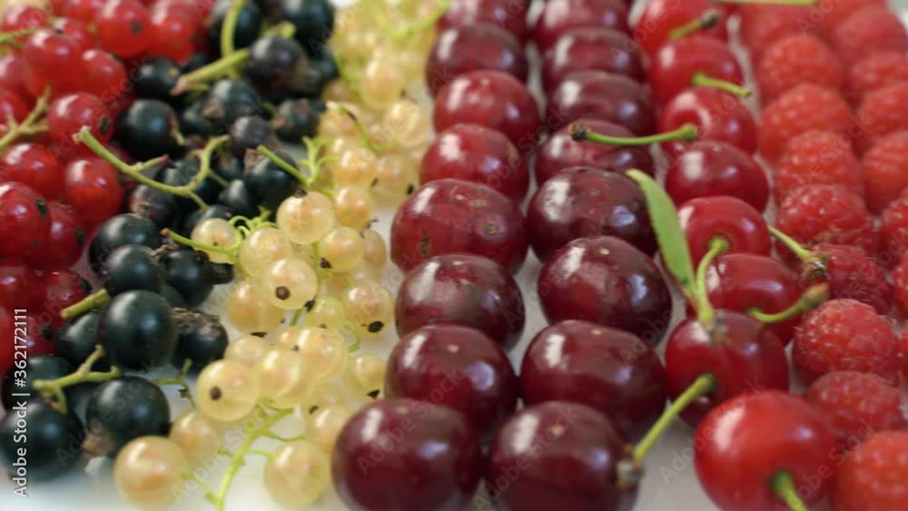 cherries and berries lie in rows on a white background cherries and berries lie in rows on a white background