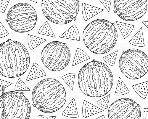 Pattern of watermelons and slices of watermelons. Coloring with watermelons.