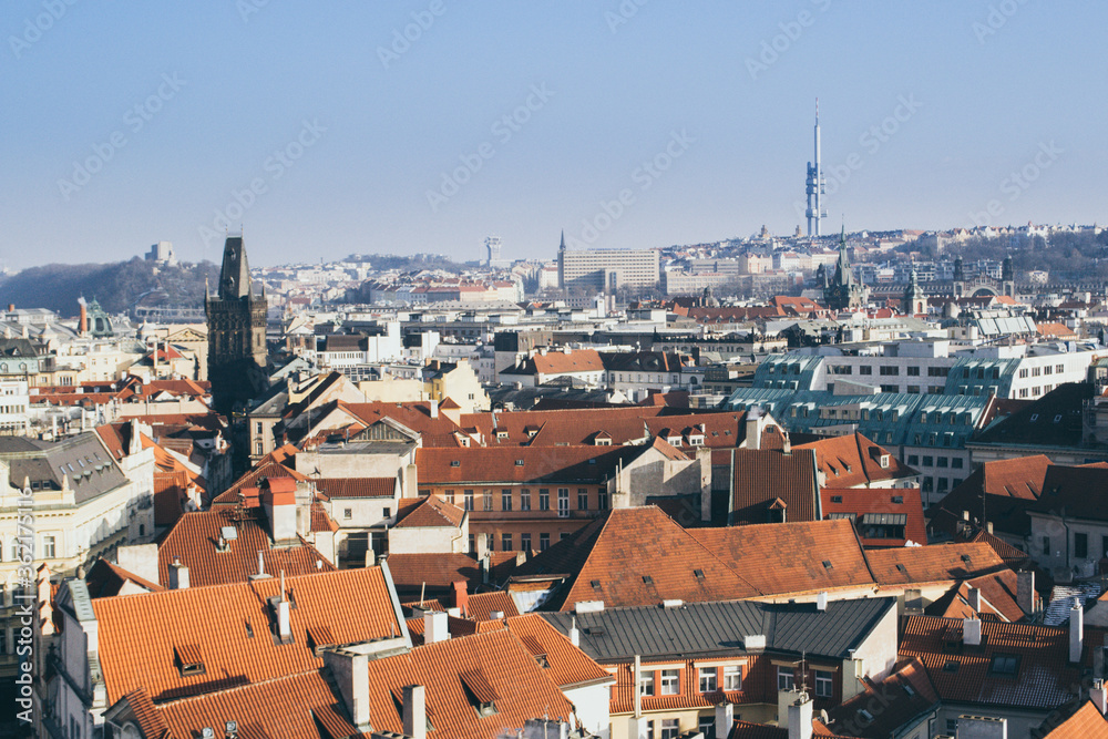 cityscape of Prague on a sunny and cold winter day with blue sky