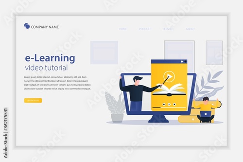 Illustration vector online learning concept with the video tutorial. concept of people learning internet webinars. learning people students with tutorials. Suitable for landing page, web, flyer.