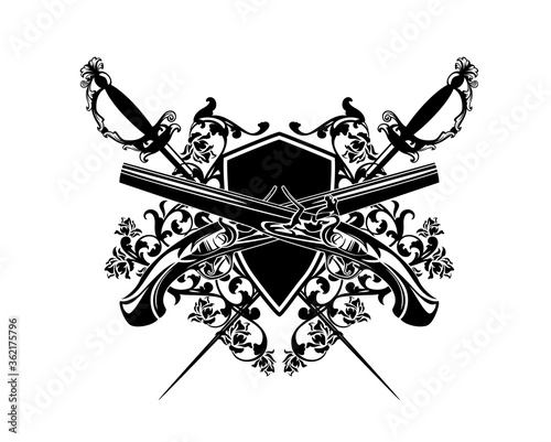 crossed pistols and epee swords with heraldic shield among rose flowers - antique style duel club black and white vector coat of arms design