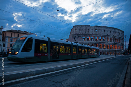 coliseum and the tram in Rome, Italy, Lazio.