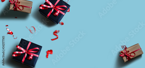 Christmas composition. Christmas gift. Flat lay, top view, copy space
