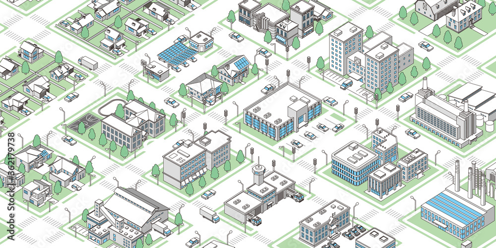 Three-dimensional town illustration with isometric vector data