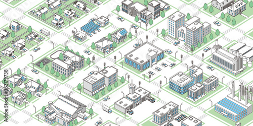 Three-dimensional town illustration with isometric vector data photo