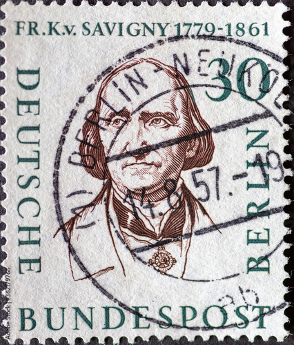 GERMANY, Berlin - CIRCA 1957: a postage stamp from Germany, Berlin showing men from the history of Berlin (II).Friedrich Carl von Savigny (1779–1861) photo