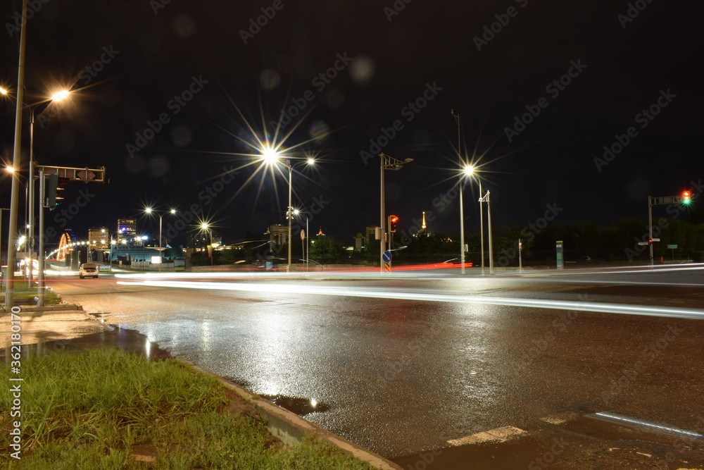 Light streaks city at streets in Nur-Sultan, Kazakhstan.