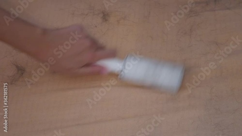 Surface covered in cat and dog hair. Lint roller is being used to clean the pet fur from the dirty  area.