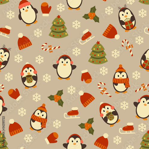 Christmas seamless pattern with cute handdrwn penguins, Christmas tree, skates and winter clothes. Vector illustration.