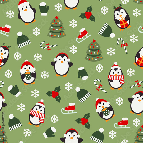Christmas seamless pattern with cute handdrwn penguins, Christmas tree, skates and winter clothes. Vector illustration.