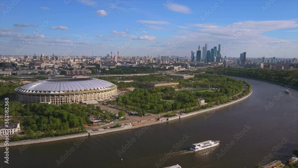 sunny day moscow famous luzhniki stadium sparrow hills cityscape aerial flight over panorama 4k russia sunny day moscow famous luzhniki stadium sparrow hills cityscape aerial flight over panorama 4k russia