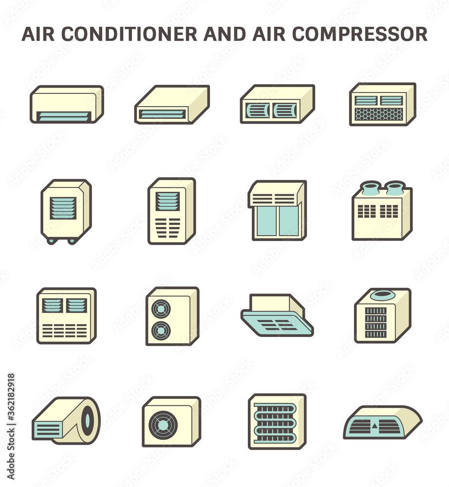 Air conditioner and air compressor part of hvac system vector icon set design. Air conditioner and air compressor part of hvac system vector icon set design.
