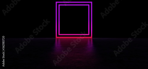 Glowing pink square in a dark space. Luminous geometric figure. 3D Render