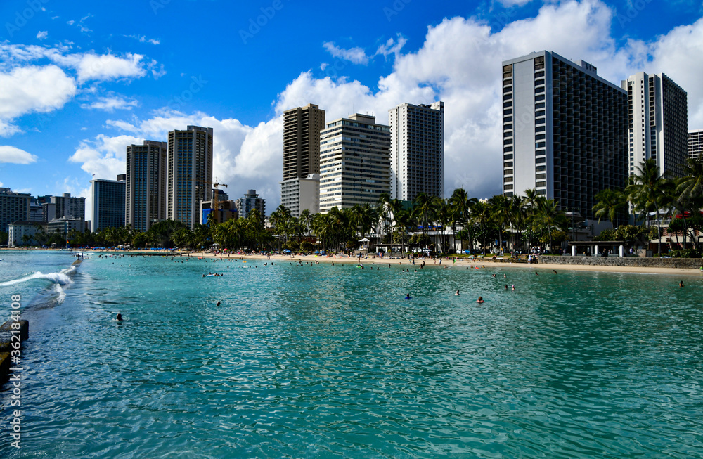 Panorama View Of Waikiki Beach Buildings