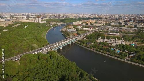 moscow summer day sparrow hills river bridge metro station aerial flight over panorama 4k russia