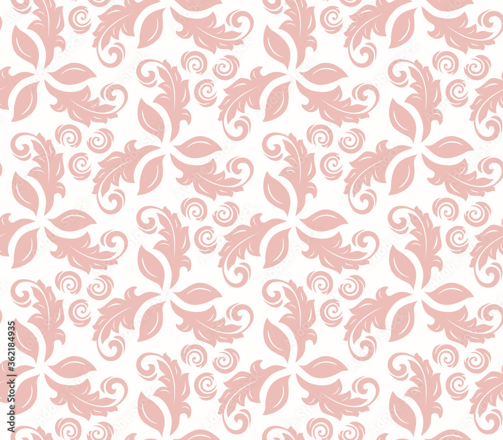 Floral ornament. Seamless abstract classic background with pink flowers. Pattern with repeating floral elements. Ornament for fabric, wallpaper and packaging