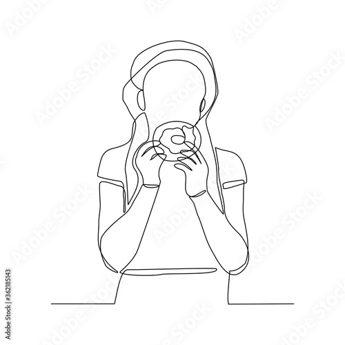 Continuous line drawing of woman hold and eat sweet donut in closeup portrait. Vector illustration