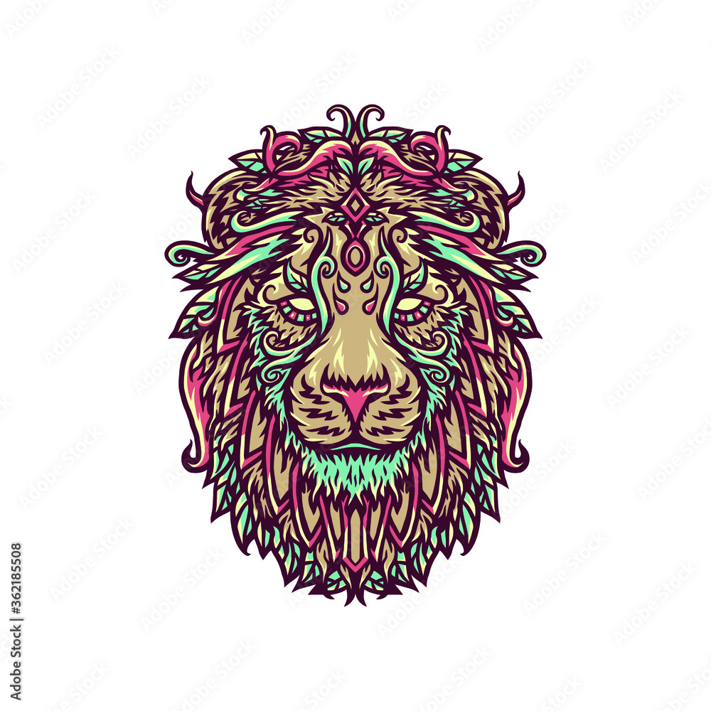 Fototapeta premium Vector illustration of ornamental lion, hand drawn line style with digital color, vector illustration