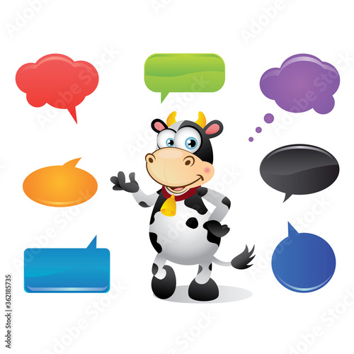 Funny cow cartoon talking with speech bubbles